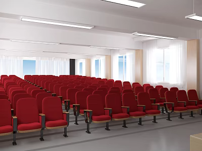 Conference Room Interior With Rows Of Red Seats Windows And Ceiling Lighting 3d model