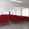 Conference Room Interior With Rows Of Red Seats Windows And Ceiling Lighting
