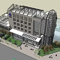 Modern Multi Storey Office Building With Glass Curtain Wall Landscaping And Pedestrians