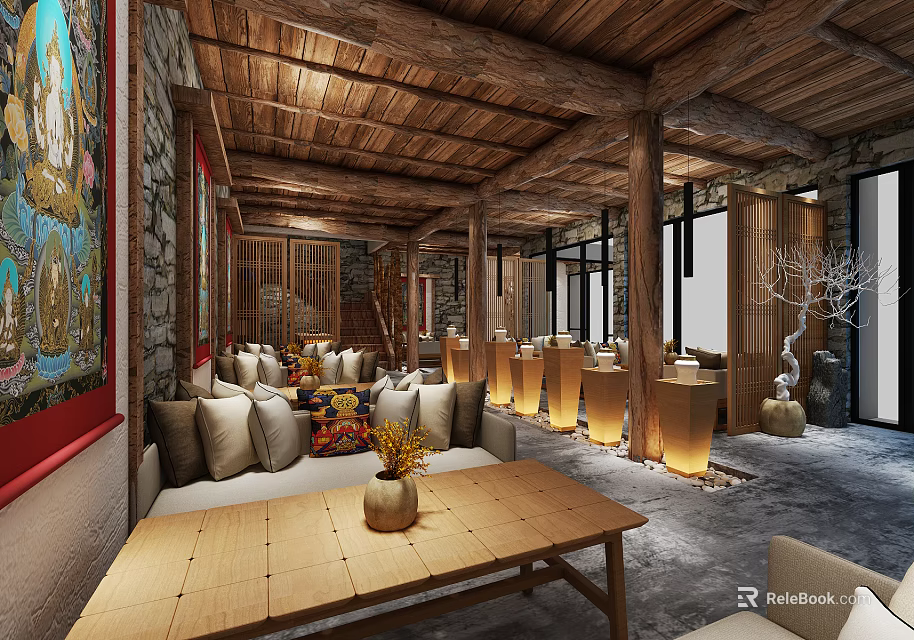 Traditional Hotel Public Lounge Area With Wooden Ceiling Sofa And Decorative Paintings 3d model 