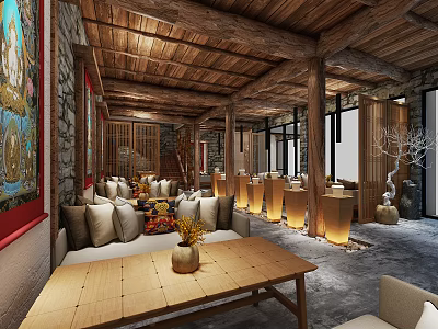 Traditional Hotel Public Lounge Area With Wooden Ceiling Sofa And Decorative Paintings 3d model