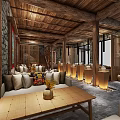 Traditional Hotel Public Lounge Area With Wooden Ceiling Sofa And Decorative Paintings