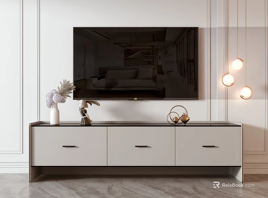 Modern TV Stand With Drawers And Decorative Items Under Wall Mounted TV And Hanging Lights 3d model 