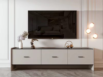 Modern TV Stand With Drawers And Decorative Items Under Wall Mounted TV And Hanging Lights 3d model