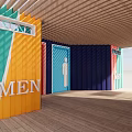 Colorful Public Restroom With Gender Symbols Wooden Floor And Overhead Shelter