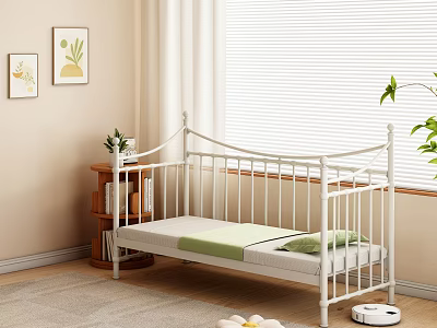 White Metal Bed Frame with Railing Design in Modern Bedroom Interior with Green Plant 3d model