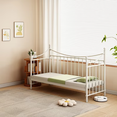 White Metal Bed Frame with Railing Design in Modern Bedroom Interior with Green Plant 3d model