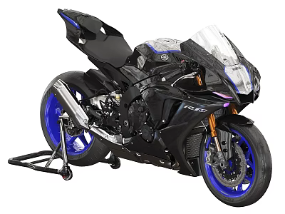 Black Sport Motorcycle With Blue Wheels Clear Windshield And Modern Design 3d model