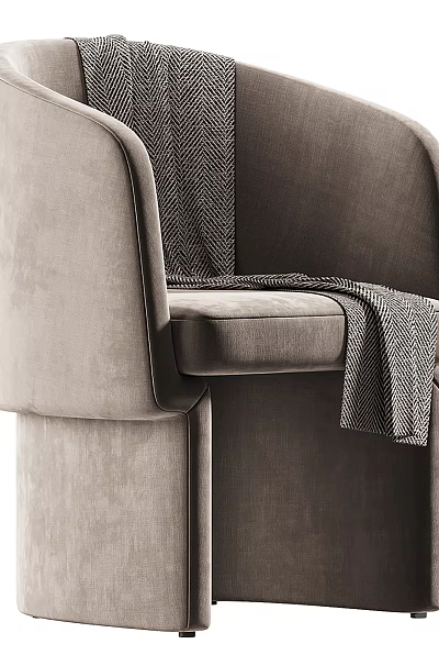 Elegant Modern Light Gray Velvet Accent Chair With Textured Throw Blanket 3d model