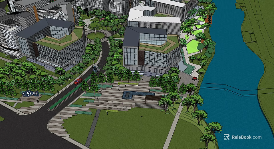 Modern Urban Landscape With Green Roof Buildings Park And River View 3d model 