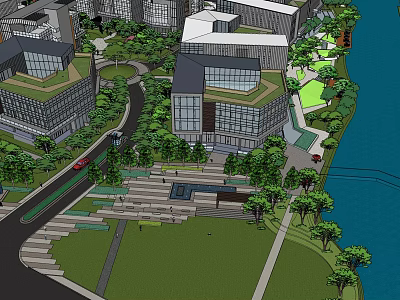 Modern Urban Landscape With Green Roof Buildings Park And River View 3d model