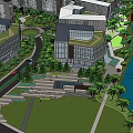 Modern Urban Landscape With Green Roof Buildings Park And River View