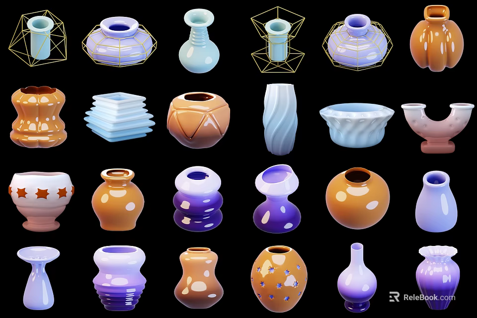 Colorful Ceramic Vessels With Various Shapes And Decorative Patterns For Home Decor 3d model 