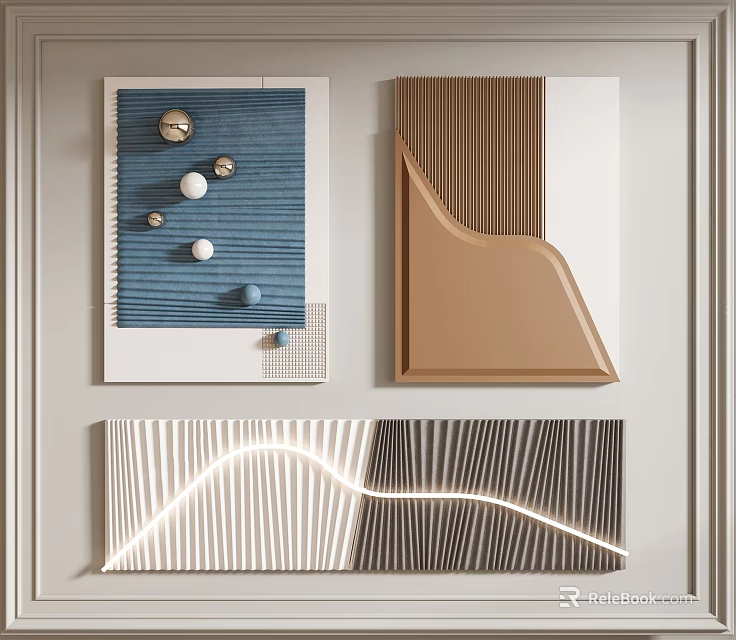 Stylish Wall Decor With Blue Brown White Tones Geometric Shapes And Striped Patterns 3d model