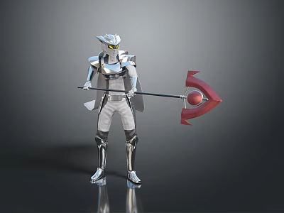 Silver White Armored Character with Helmet Holding Red Weapon Standing on Dark Reflective Surface 3d model