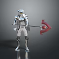 Silver White Armored Character with Helmet Holding Red Weapon Standing on Dark Reflective Surface