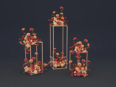 Artistic Floral Display with Decorative Vertical Frames and Colorful Red Orange Yellow Flowers 3d model