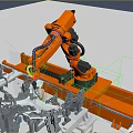 Industrial Robotic Arm Operating On Metal Components With White Base And Sparks