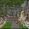 Natural Themed Restaurant Interior With Green Wall Plants Deer Statue And Wooden Floor