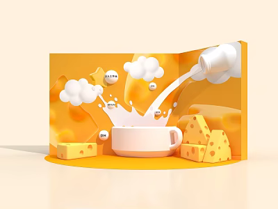 Cute Photo Spot With Yellow Background White Cup Milk Pouring Cloud Decorations And Cheese Blocks 3d model