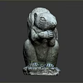 Gray Squirrel Statue Holding Food With Front Paws On Mossy Stone Base For Garden Decoration