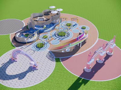 Children's Play Area With Circular Design Colorful Flooring Green Lawn And Decorative Arches 3d model