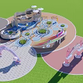 Children's Play Area With Circular Design Colorful Flooring Green Lawn And Decorative Arches