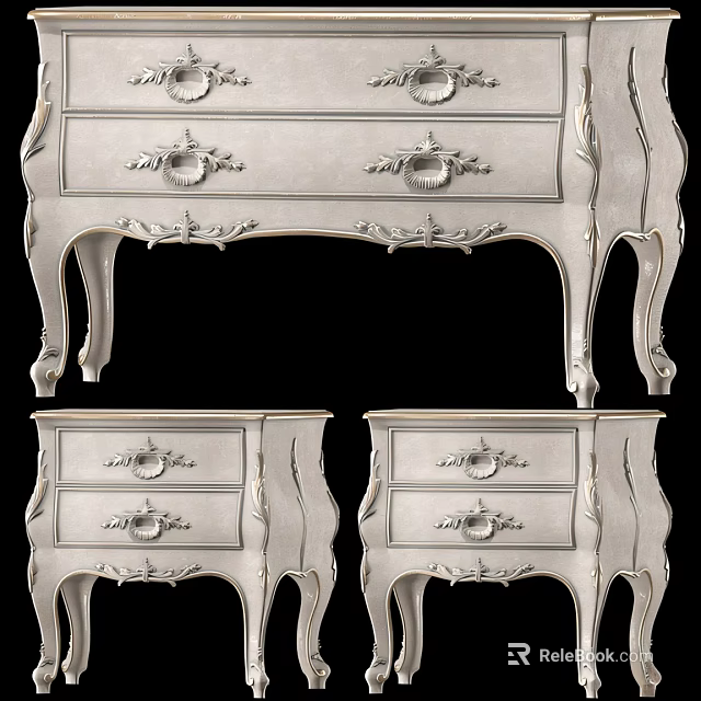 Elegant White Wooden Console Cabinet and Side Cabinets with Carved Details and Drawers 3d model 