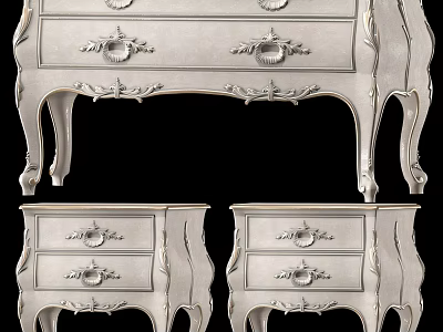 Elegant White Wooden Console Cabinet and Side Cabinets with Carved Details and Drawers 3d model