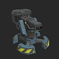 Mechanical Automatic Turret Weapon With Multi Legged Base And Yellow Black Warning Stripes