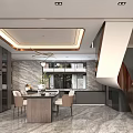 Modern Living and Dining Room Interior With Marble Counter Wooden Cabinets And Chandelier