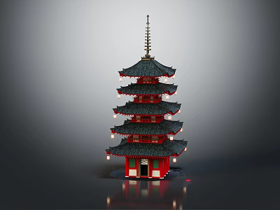 Traditional Five Story Red Pagoda With Black Roof And Illuminated Lanterns 3d model