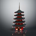Traditional Five Story Red Pagoda With Black Roof And Illuminated Lanterns