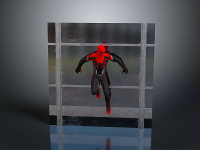 Glass Wall With Spider-Man In Red And Black Costume Standing In Front Of Reflective Background 3d model