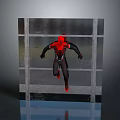 Glass Wall With Spider-Man In Red And Black Costume Standing In Front Of Reflective Background
