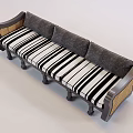 Classic Sectional Sofa With Black White Striped Cushions And Dark Wooden Frame Design