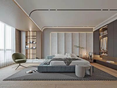 Modern Minimalist Bedroom Interior With Large Bed Green Armchair White Curtains And Wooden Flooring 3d model