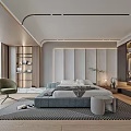 Modern Minimalist Bedroom Interior With Large Bed Green Armchair White Curtains And Wooden Flooring