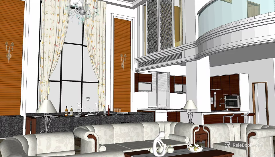 Duplex Living Room Interior Design With High Ceiling Chandelier Sofa Set And Coffee Table 3d model 