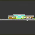Cartoon Resort Scene With Colorful Buildings Swimming Pool Green Lawn And Palm Trees