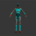 Turquoise Metallic Robot 3D Model With Red Accents And Humanoid Structure