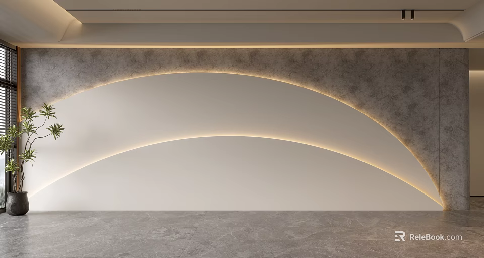 Modern Curved Wall Design With LED Strip Lights And Gray Stone Texture Background 3d model 