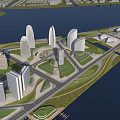 Aerial City Planning View With River Islands High Rise Buildings And Green Spaces