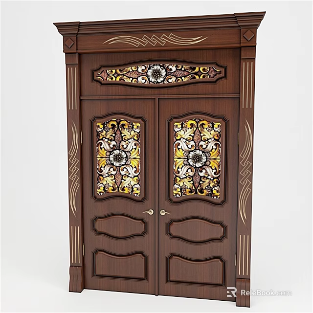 Ornate Wooden Double Door With Intricate Carved Details And Decorative Glass Panels 3d model 