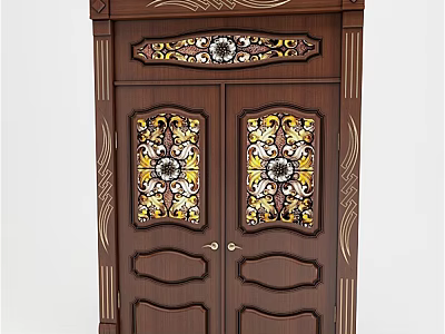 Ornate Wooden Double Door With Intricate Carved Details And Decorative Glass Panels 3d model