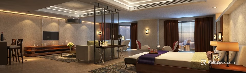 Elegant Hotel Guest Room Interior With King Bed Sofa And Decorative Lighting 3d model 