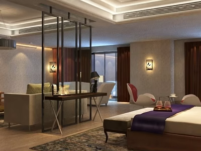 Elegant Hotel Guest Room Interior With King Bed Sofa And Decorative Lighting 3d model