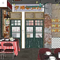 Retro Style Restaurant Interior With Brick Walls Green Doors And Checkered Tablecloths