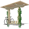 Wooden Pergola With Slat Roof And Climbing Vines For Bicycle Parking