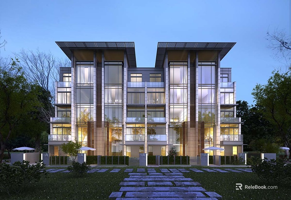 Modern Semi Detached Villa Exterior With Glass Facade And Greenery 3d model 